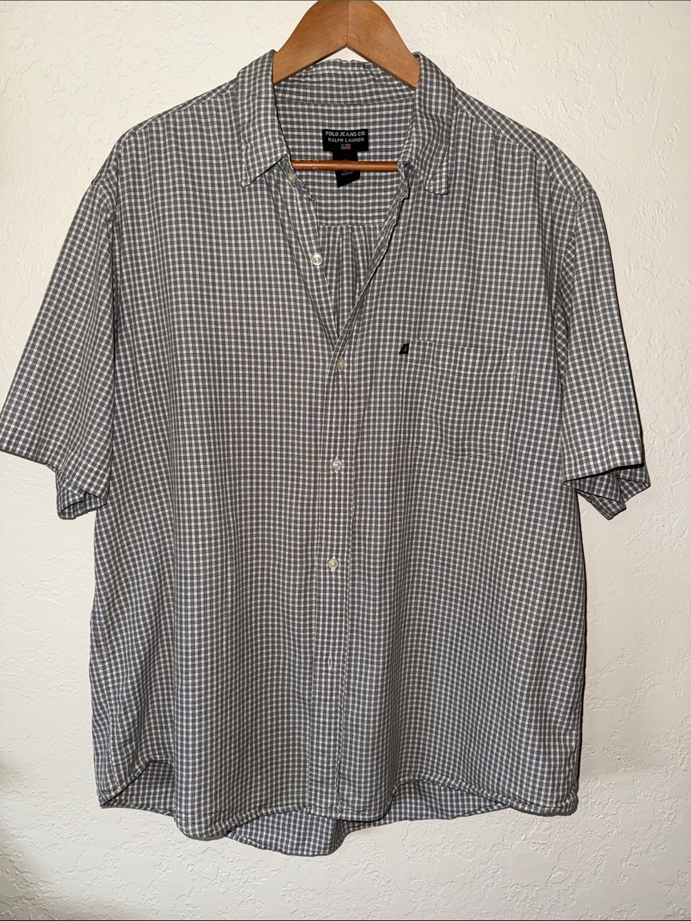 Y2K Polo Jeans Mens Gray Gingham Button Down Short Sleeve XL